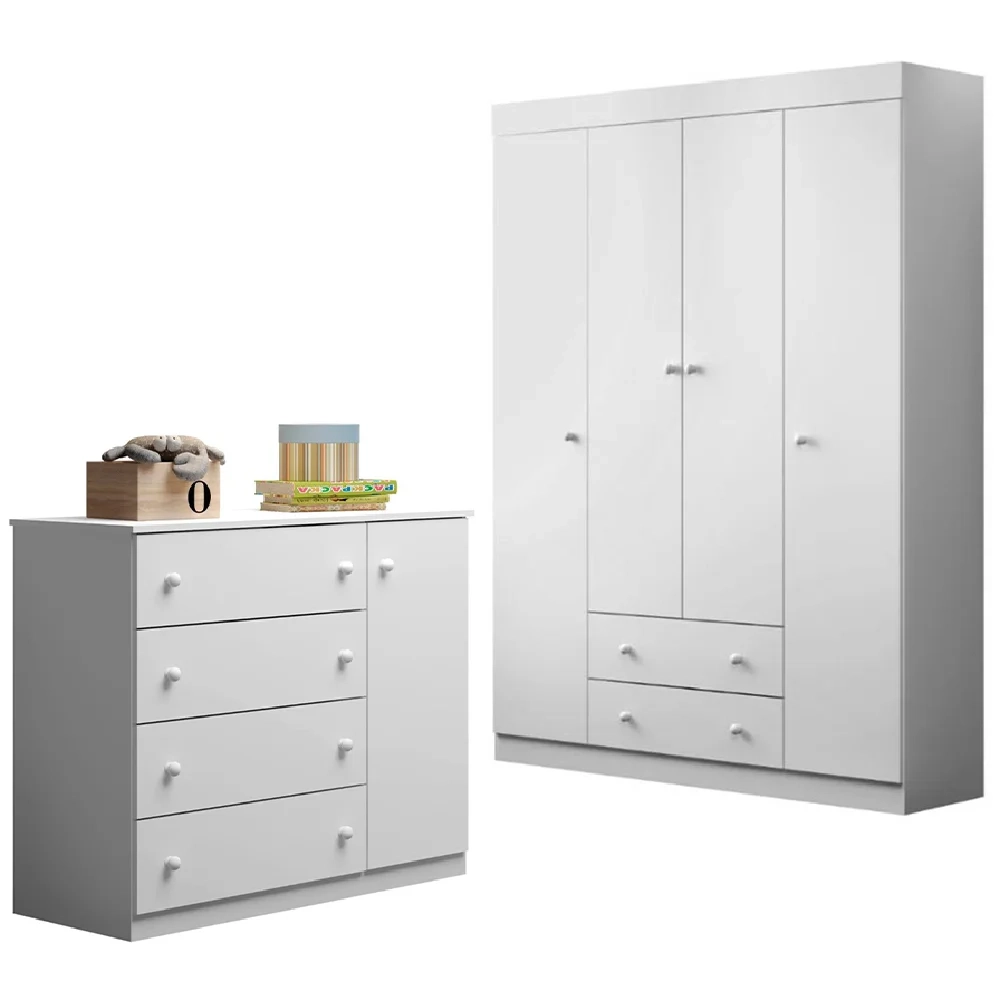Jogo de Quarto Infantil Guarda Roupa e Cômoda Elisa Branco - Phoenix