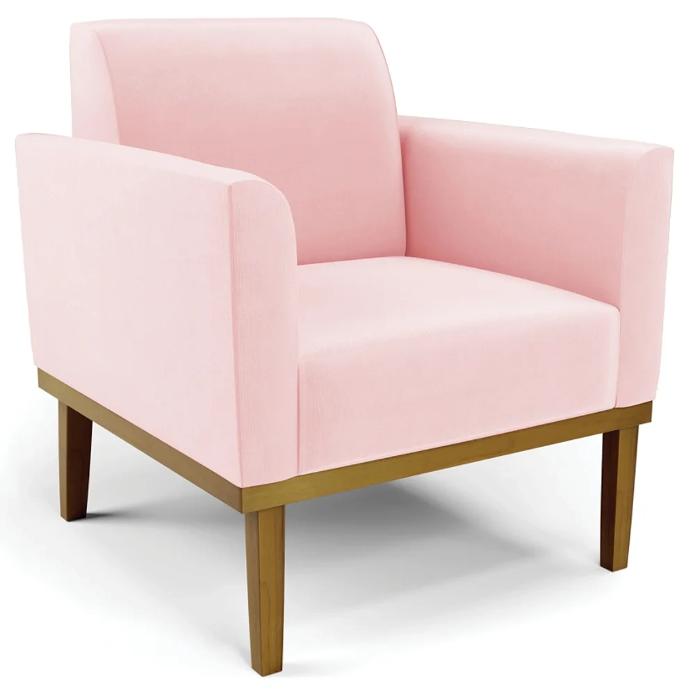 Poltrona Decorativa Base Madeira Castanho Maressa Suede Rosa Bebê - Ibiza