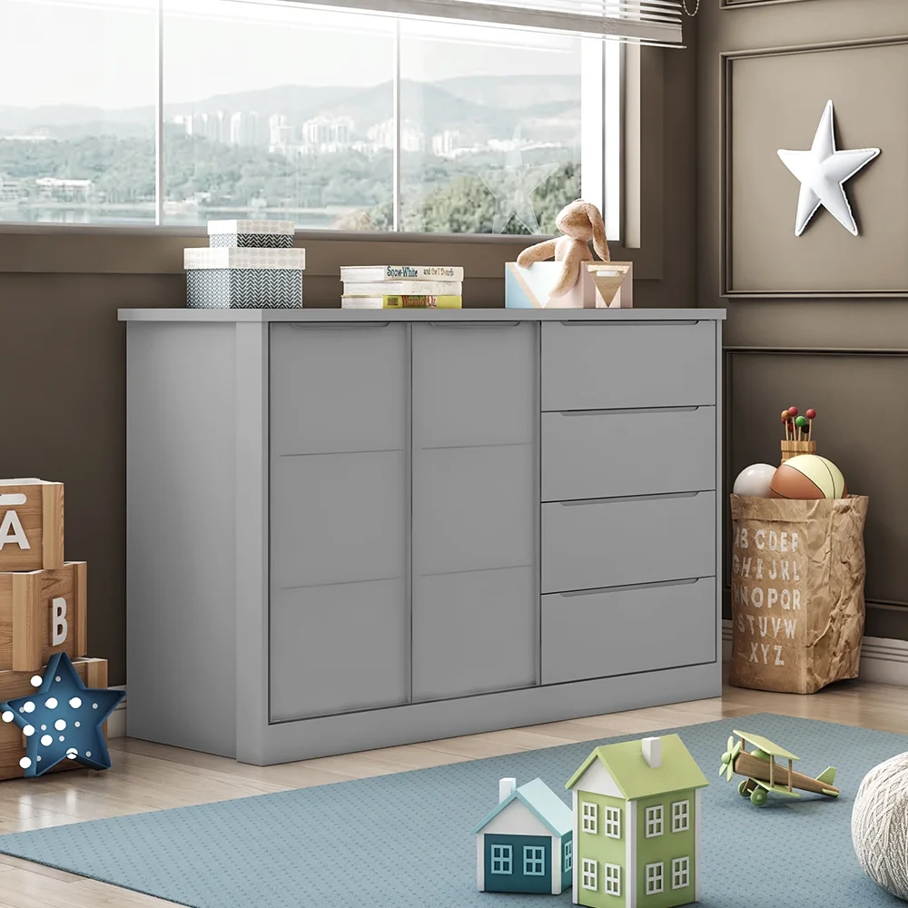 Cômoda Infantil 2 Portas e 4 Gavetas Pérola Cinza - Phoenix