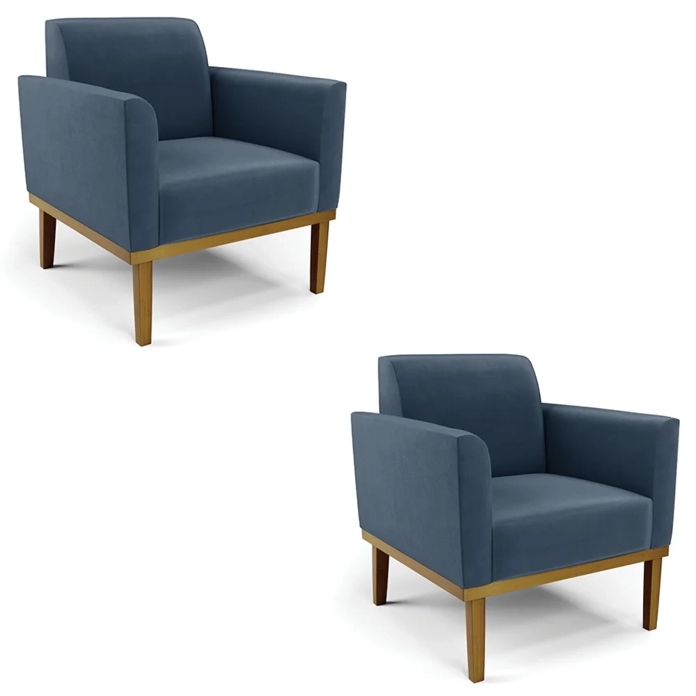 Poltrona Base Madeira Castanho Kit 2 Maressa Suede Azul Marinho - Ibiza