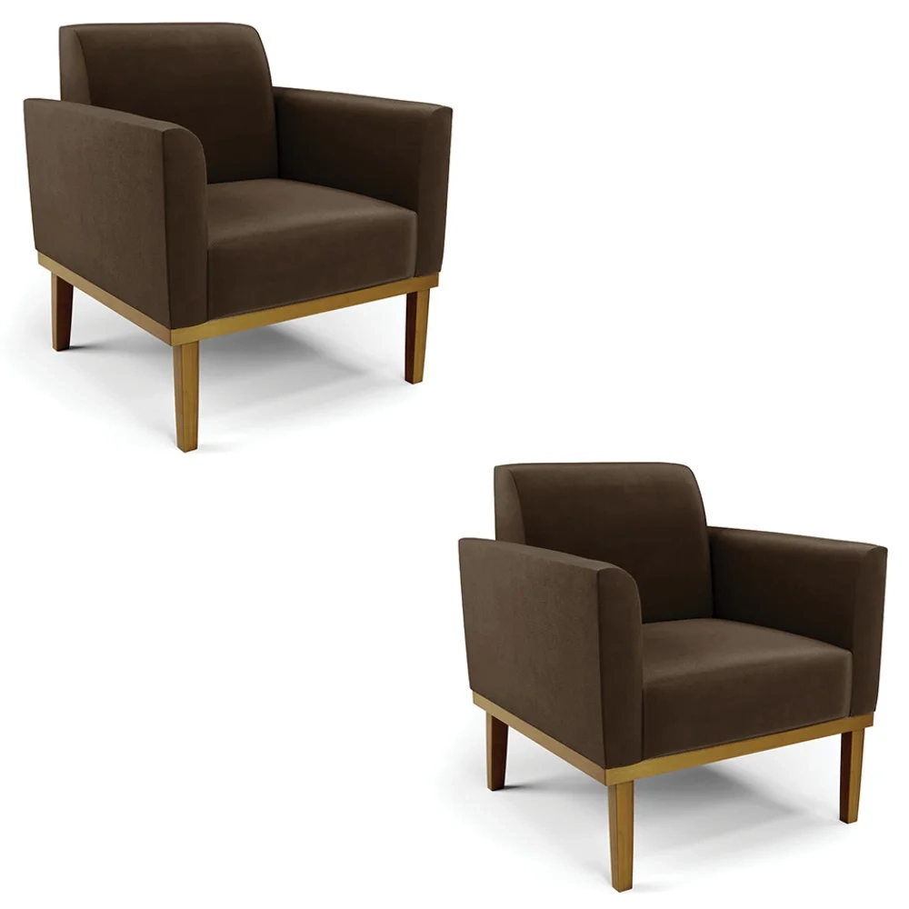 Poltrona Base Madeira Castanho Kit 2 Maressa Suede Marrom - Ibiza