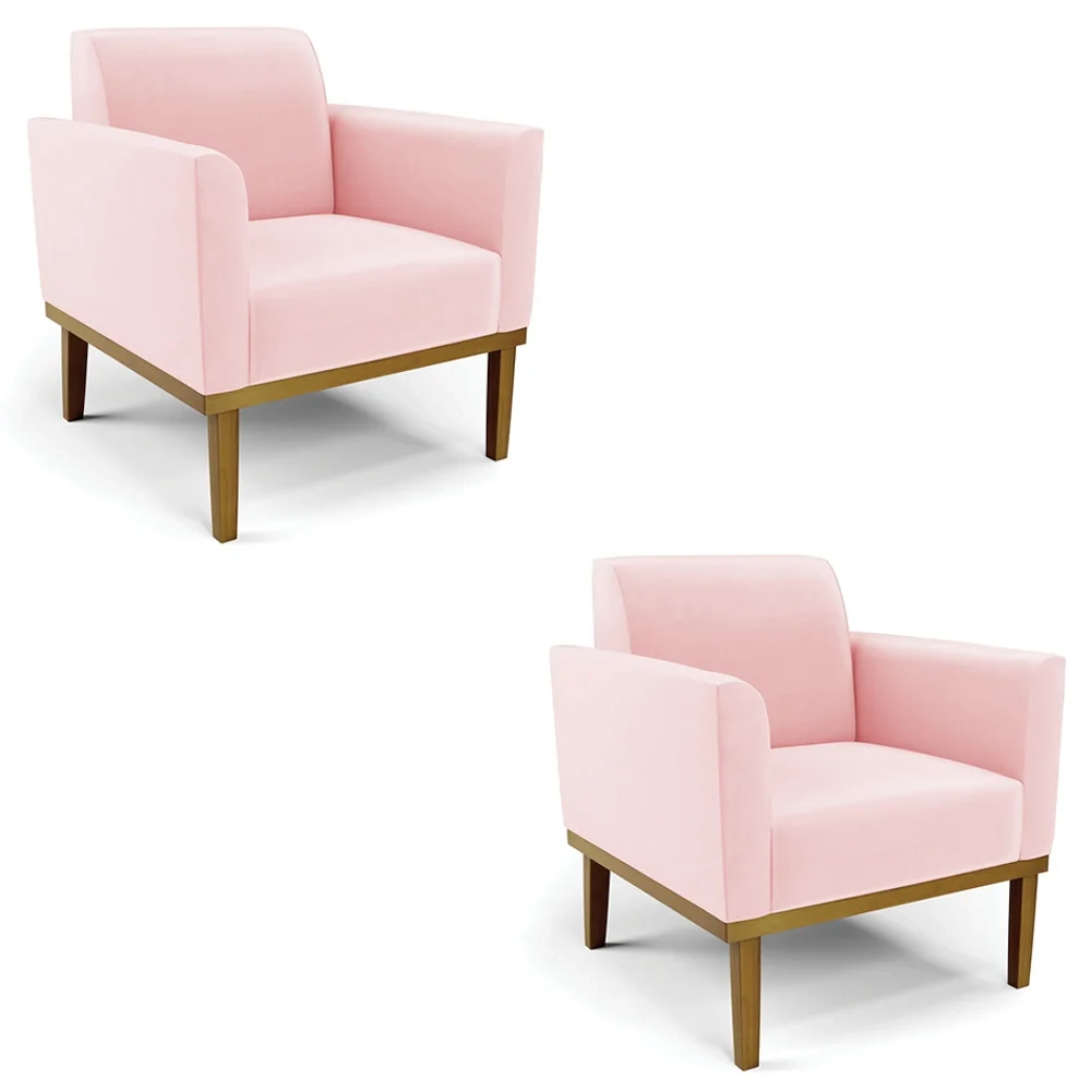Poltrona Base Madeira Castanho Kit 2 Maressa Suede Rosa Bebê - Ibiza