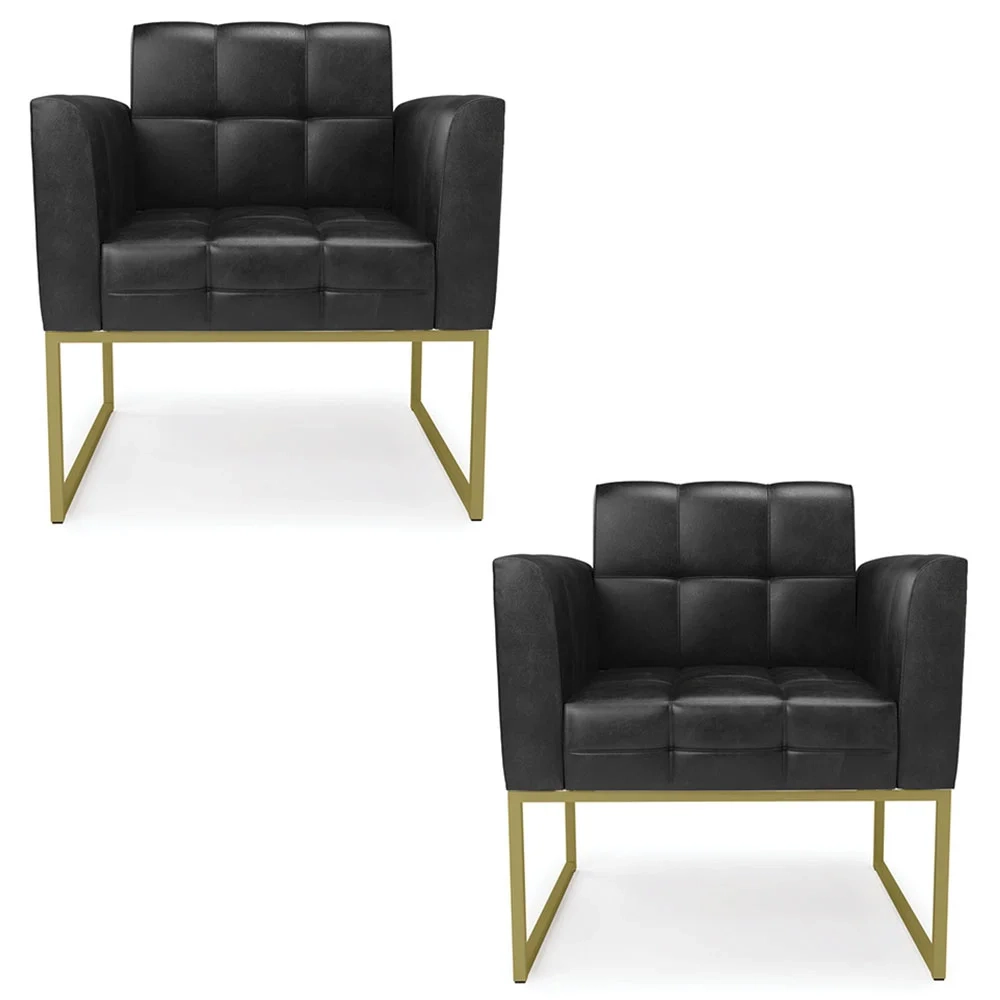 Poltrona Base Industrial Dourado Kit 2 Ana Sintético PU Preto - Ibiza