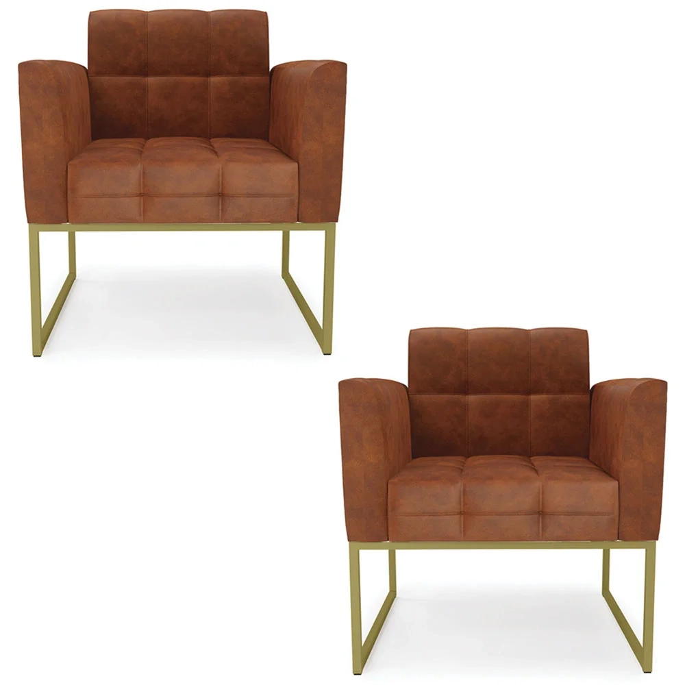 Poltrona Base Industrial Dourado Kit 2 Ana Sintético PU Nozes - Ibiza