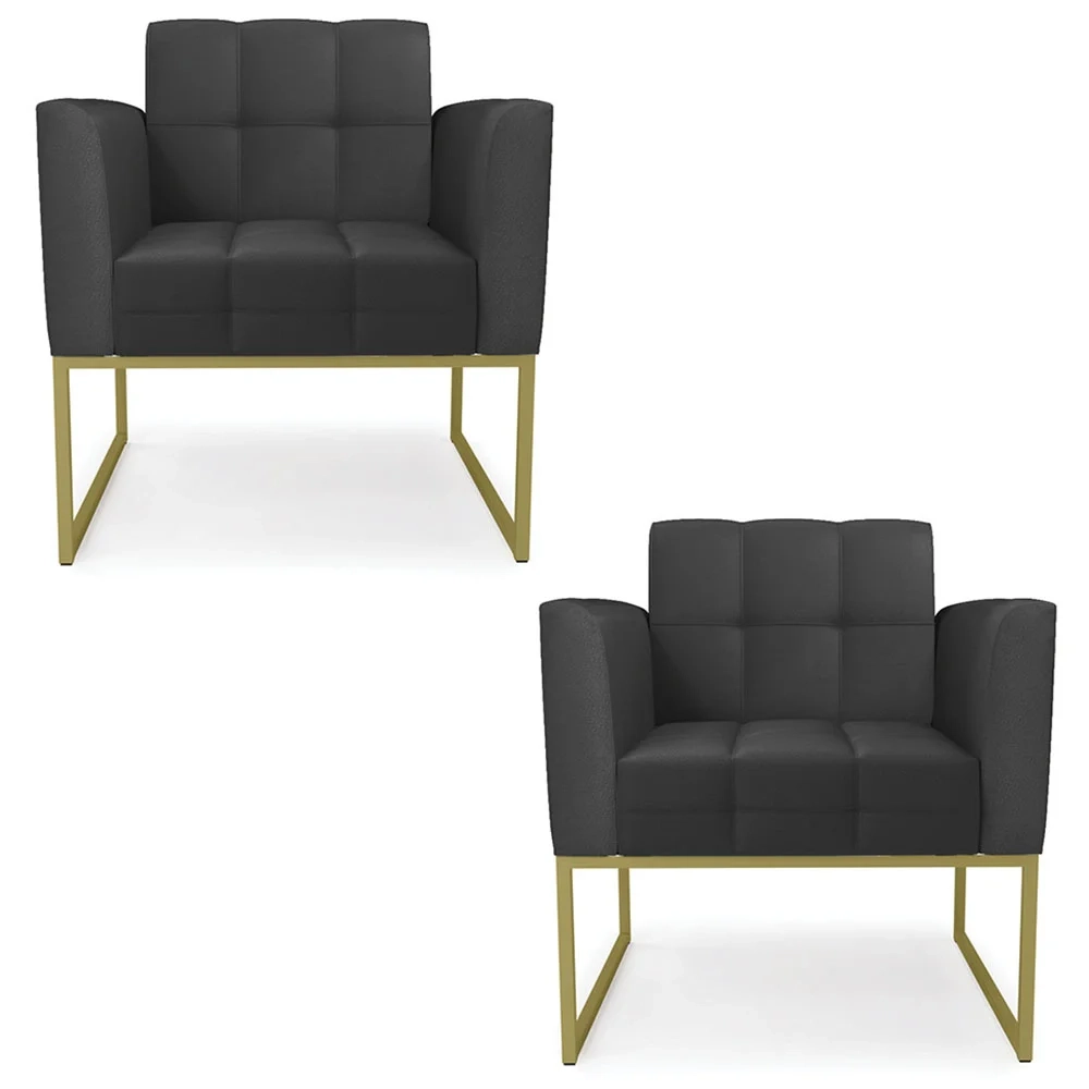 Poltrona Base Industrial Dourado Kit 2 Ana Sintético Preto - Ibiza