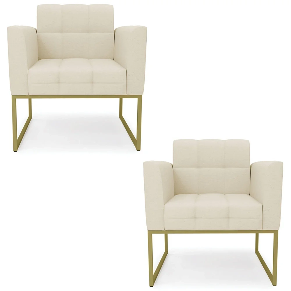 Poltrona Base Industrial Dourado Kit 2 Ana Linho Bege - Ibiza