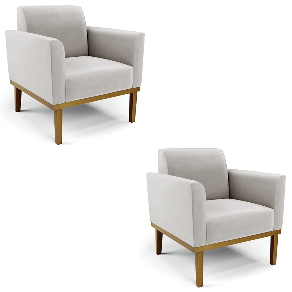 Poltrona Base Madeira Castanho Kit 2 Maressa Veludo Cinza - Ibiza