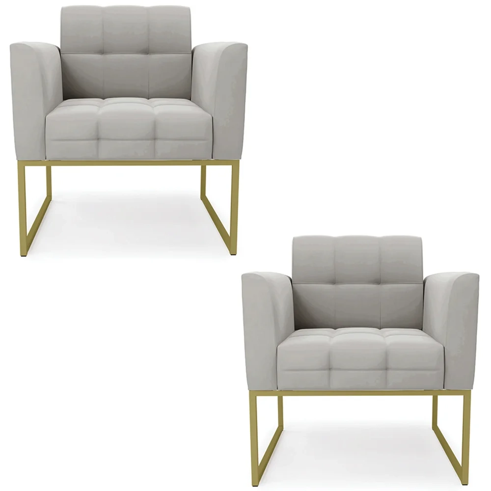 Poltrona Base Industrial Dourado Kit 2 Ana Veludo Cinza - Ibiza