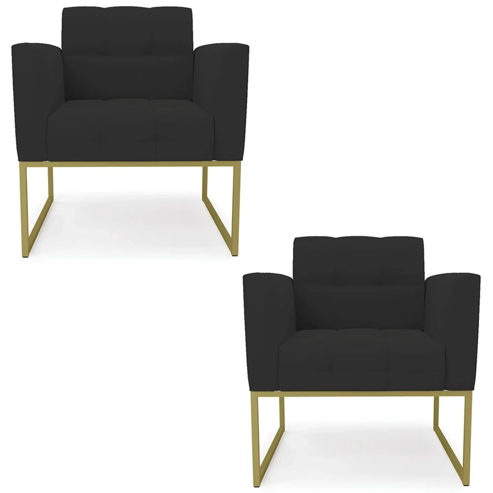 Poltrona Base Industrial Dourado Kit 2 Ana Veludo Preto - Ibiza