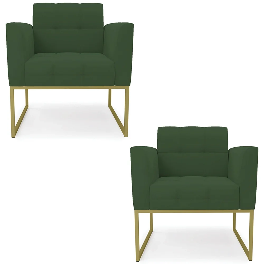 Poltrona Base Industrial Dourado Kit 2 Ana Veludo Verde - Ibiza