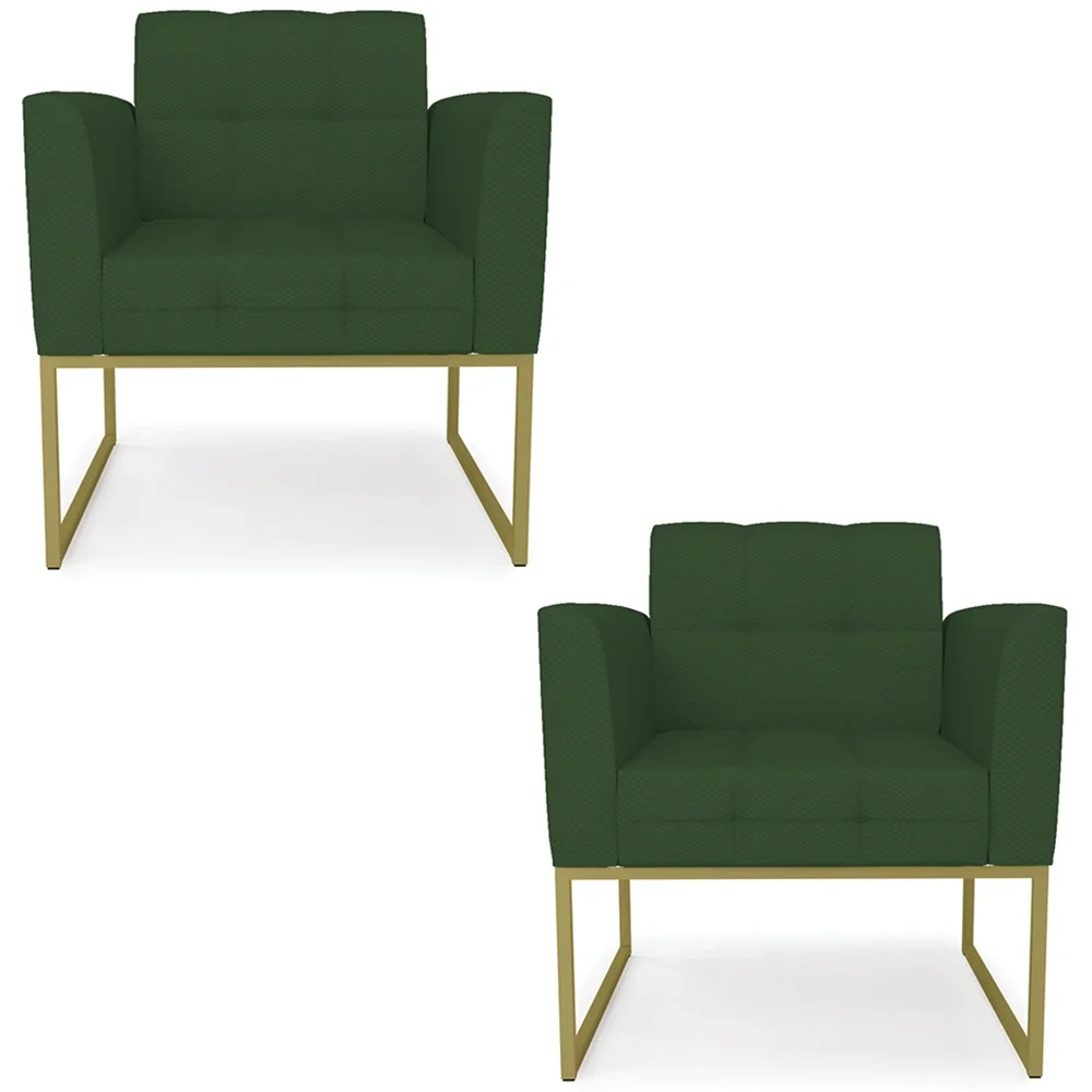 Poltrona Base Industrial Dourado Kit 2 Ana Veludo Luxo Verde - Ibiza