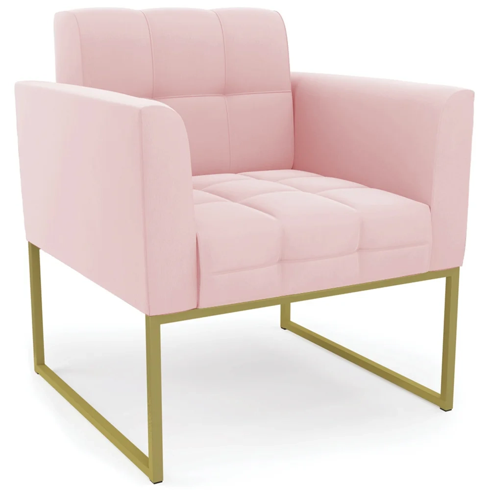 Poltrona Decorativa Base Industrial Dourado Ana Suede Rosa Bebê - Ibiza