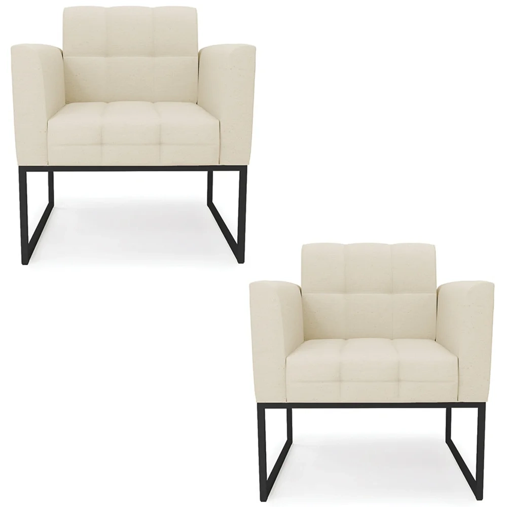 Poltrona Base Industrial Preto Kit 2 Ana Linho Bege - Ibiza