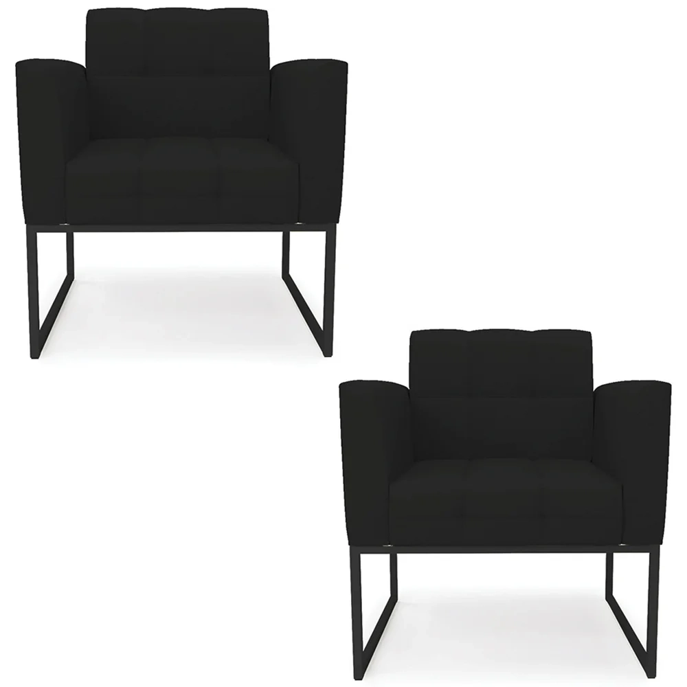 Poltrona Base Industrial Preto Kit 2 Ana Linho Preto - Ibiza