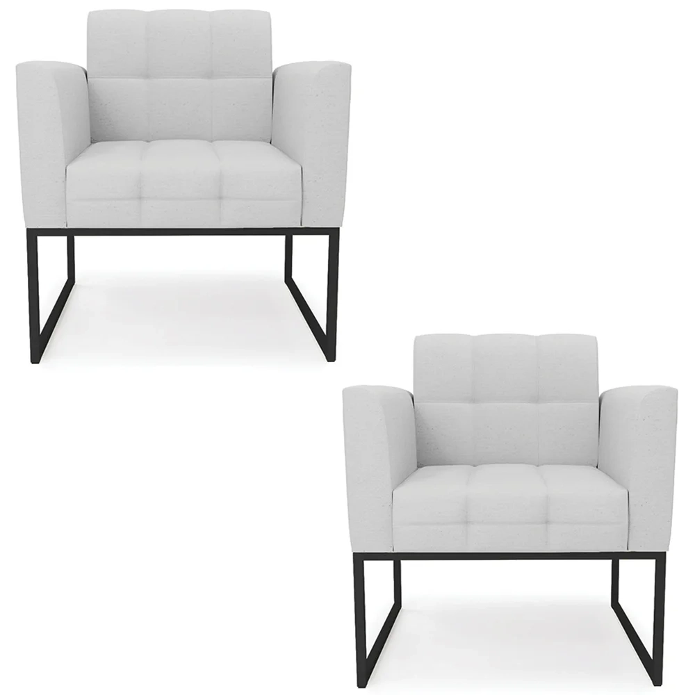 Poltrona Base Industrial Preto Kit 2 Ana Linho Cinza - Ibiza