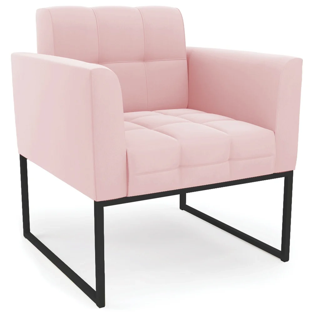 Poltrona Decorativa Base Industrial Preto Ana Suede Rosa Bebê - Ibiza