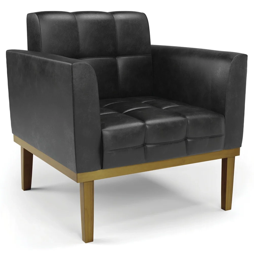 Poltrona Decorativa Base Madeira Castanho Ana Sintético PU Preto- Ibiza