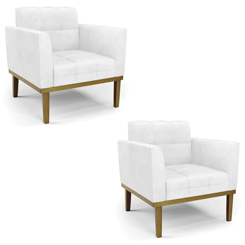 Poltrona Base Madeira Castanho Kit 2 Ana Sintético PU Branco - Ibiza