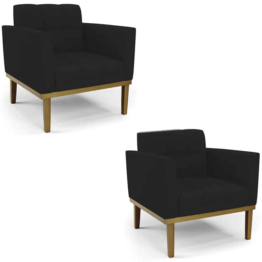 Poltrona Base Madeira Castanho Kit 2 Ana Linho Preto - Ibiza