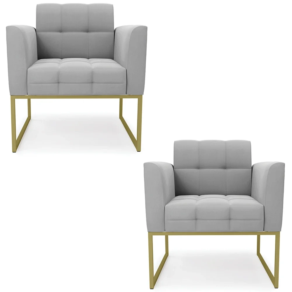 Poltrona Base Industrial Dourado Kit 2 Ana Suede Cinza - Ibiza