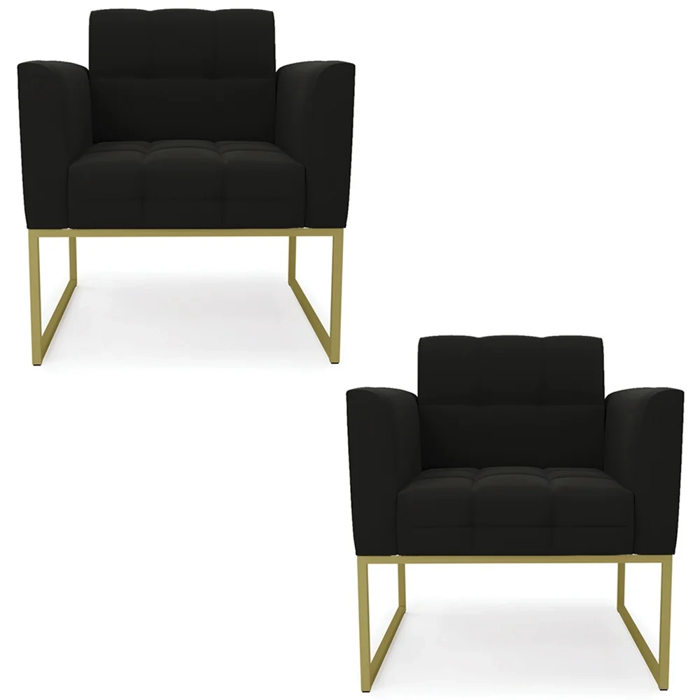 Poltrona Base Industrial Dourado Kit 2 Ana Suede Preto - Ibiza