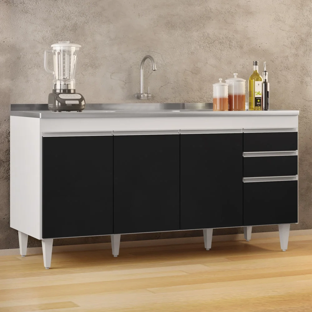 Balcão Gabinete com Pia Inox 160cm Arkansas Branco/Preto – Lumil