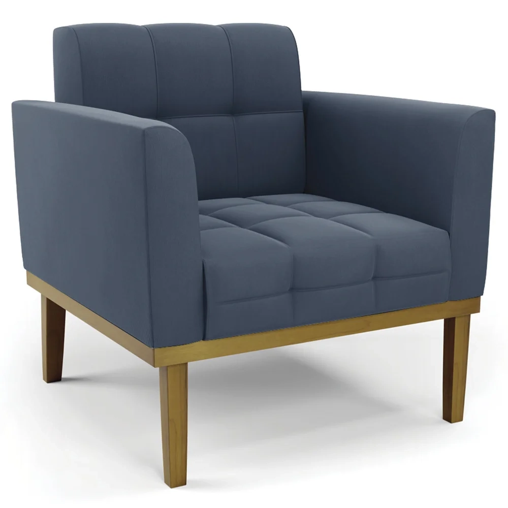 Poltrona Decorativa Base Madeira Castanho Ana Suede Azul Marinho - Ibiza