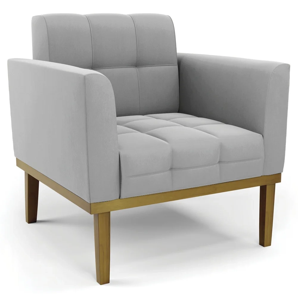 Poltrona Decorativa Base Madeira Castanho Ana Suede Cinza - Ibiza