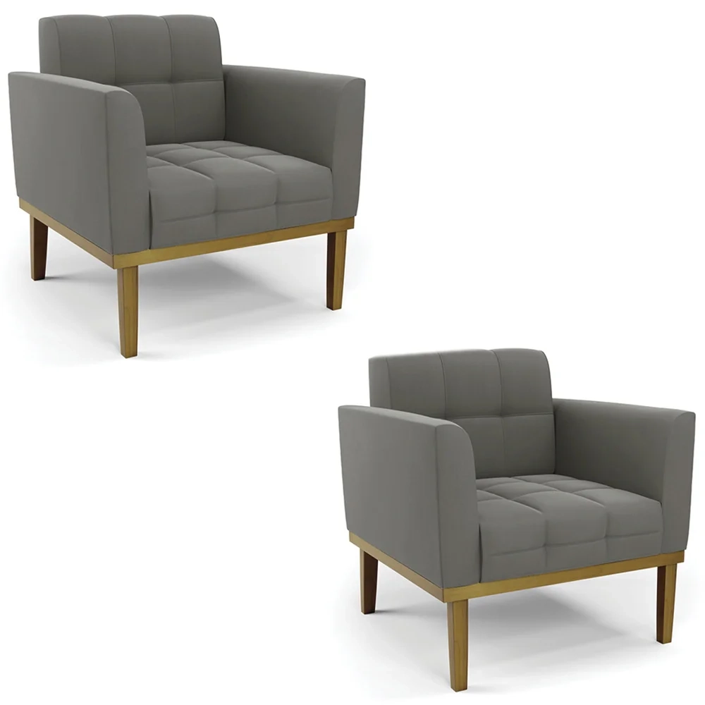 Poltrona Base Madeira Castanho Kit 2 Ana Suede Grafite - Ibiza