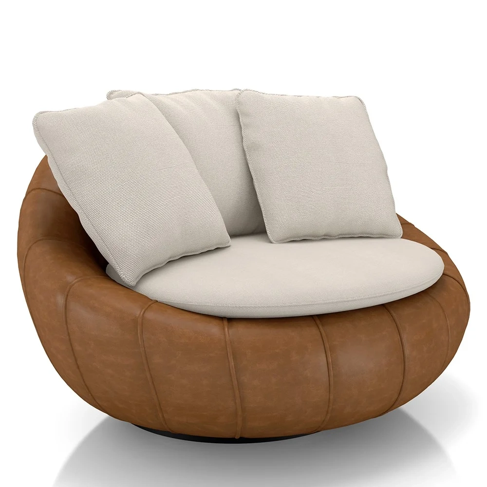 Poltrona para Sala Giratória Redonda Saphire Z32 Linho Bege/Caramelo - Mpozenato