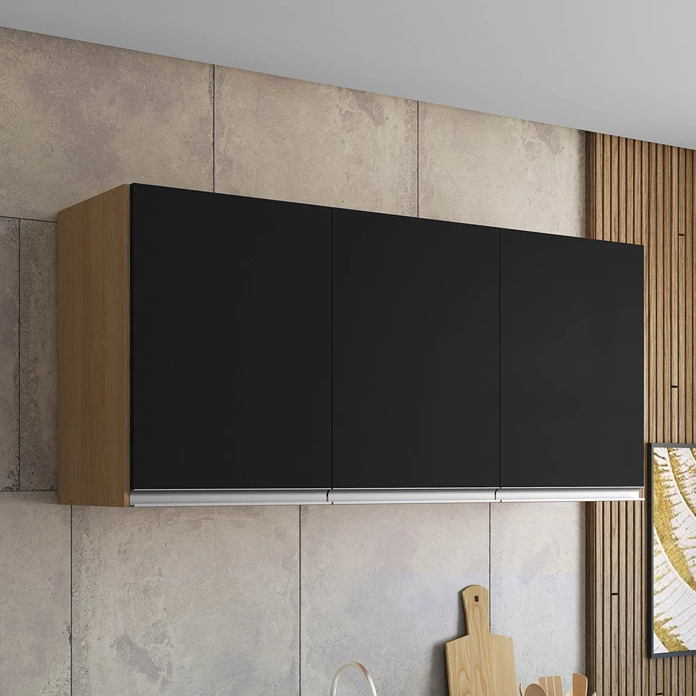 Armário de Cozinha Aéreo 120cm 3 Portas Andréia Amêndoa/Preto - AJL Móveis