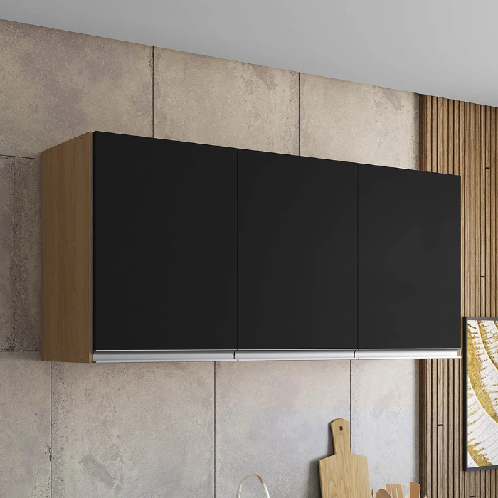 Armário de Cozinha Aéreo 120cm 3 Portas Andréia Amêndoa/Preto - AJL Móveis