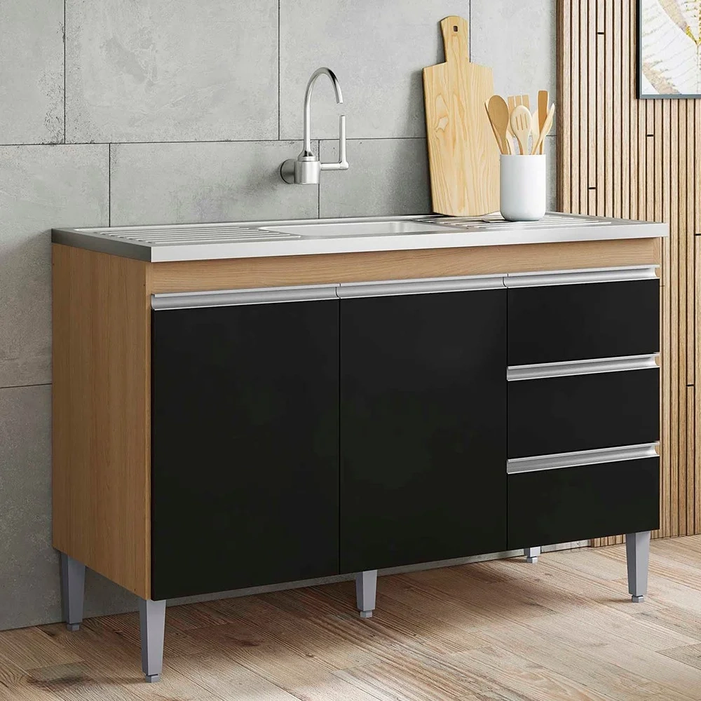 Balcão de Cozinha Com Pia Inox 100cm 3 Gavetas Andréia Amêndoa/Preto - AJL Móveis