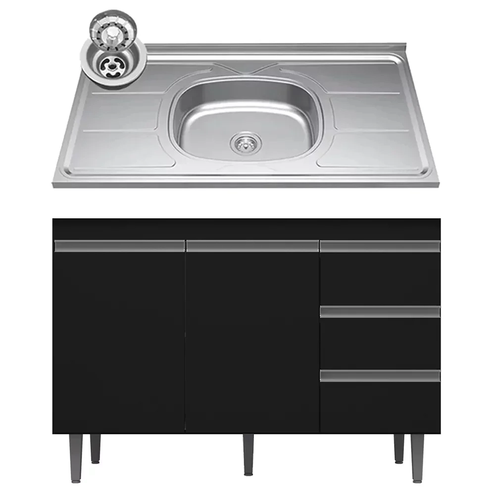 Balcão de Cozinha Com Pia Inox 100cm 3 Gavetas Andréia Preto - AJL Móveis