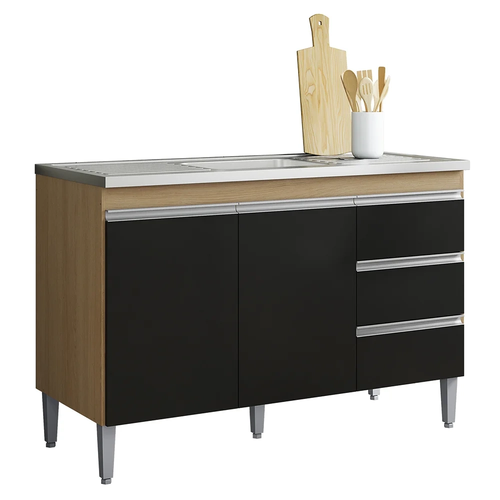 Balcão de Cozinha Com Pia Inox 120cm 3 Gavetas Andréia Amêndoa/Preto - AJL Móveis