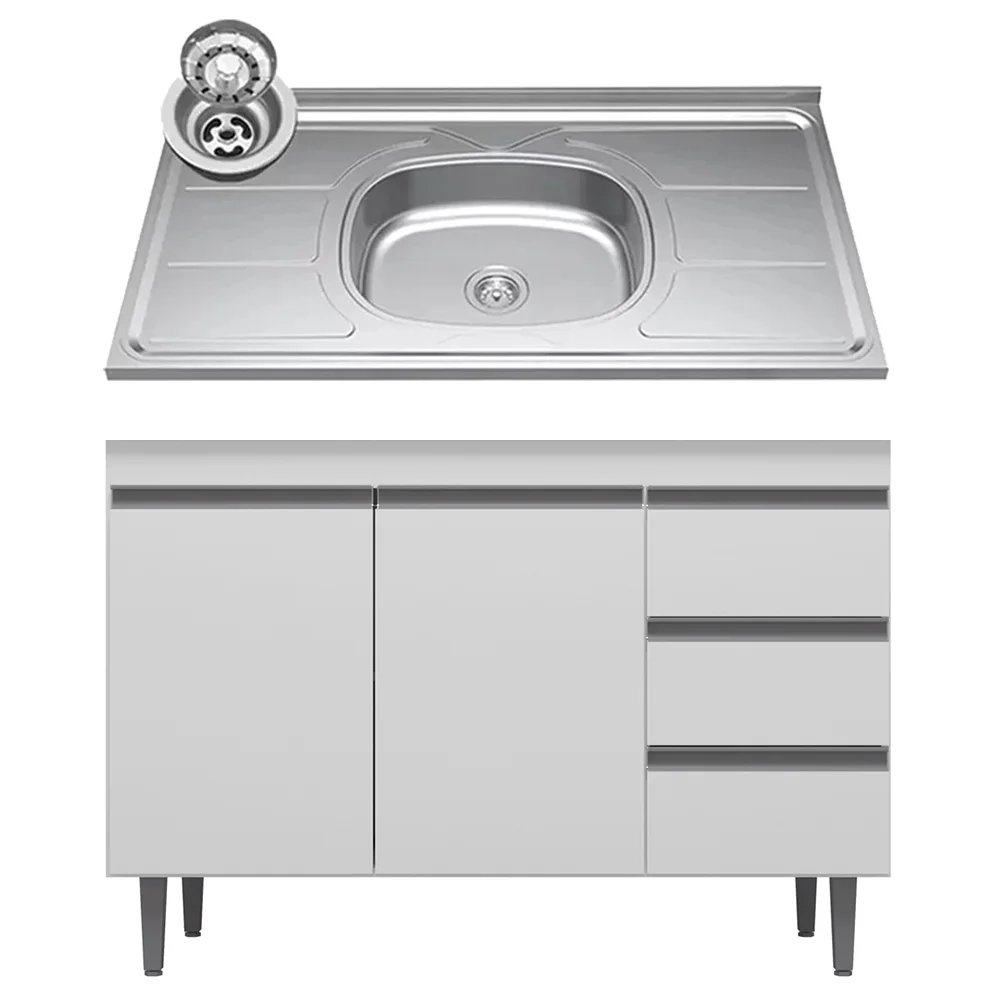 Balcão de Cozinha Com Pia Inox 100cm 3 Gavetas Andréia Branco - AJL Móveis