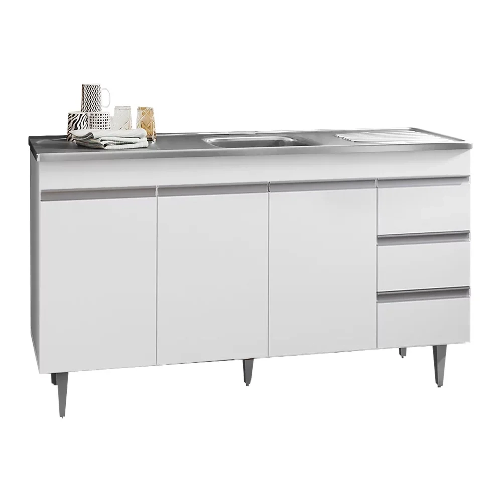 Balcão de Cozinha Com Pia Inox 160cm 3 Gavetas Andréia Branco - AJL Móveis
