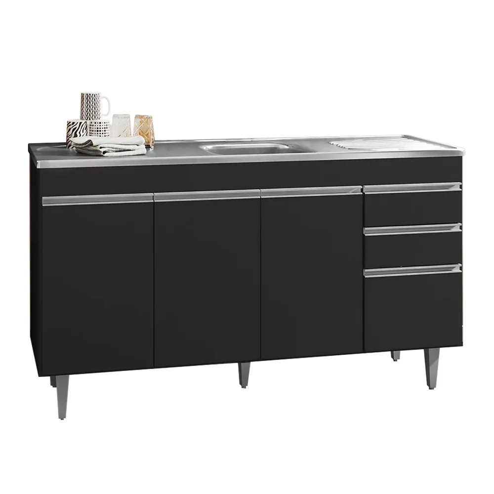 Balcão de Cozinha Com Pia Inox 160cm 3 Gavetas Andréia Preto - AJL Móveis