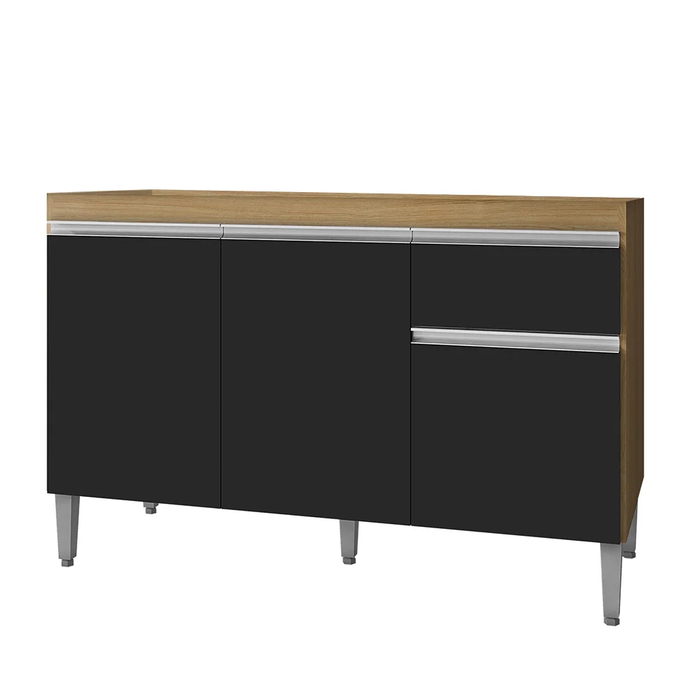 Balcão de Cozinha Para Pia 120cm 1 Gaveta Tatiane Amêndoa/Preto - AJL Móveis