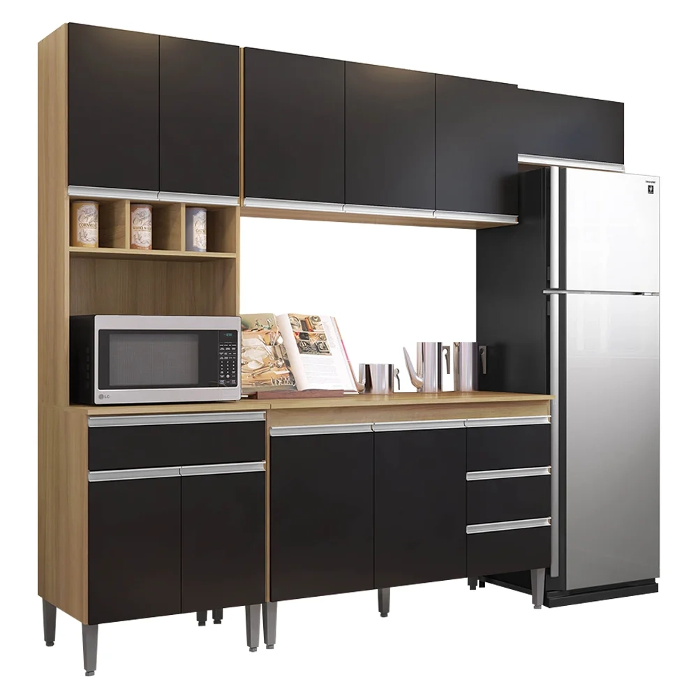 Cozinha Modulada 4 Peças Balcão com Tampo 120cm Andréia Amêndoa/Preto - AJL Móveis