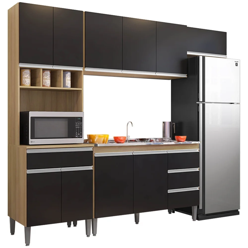 Cozinha Modulada 4 Peças Balcão com Pia 120cm Andréia Amêndoa/Preto - AJL Móveis