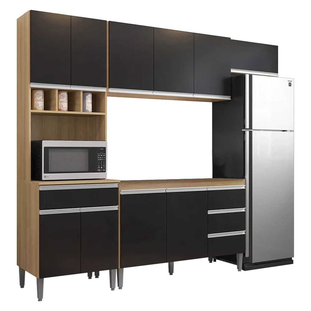 Cozinha Modulada 4 Peças Balcão sem Tampo 120cm Andréia Amêndoa/Preto - AJL Móveis