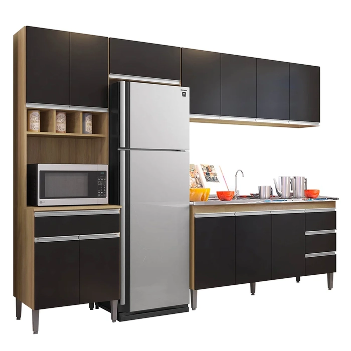 Cozinha Modulada 4 Peças Balcão com Pia 160cm Andréia Amêndoa/Preto - AJL Móveis