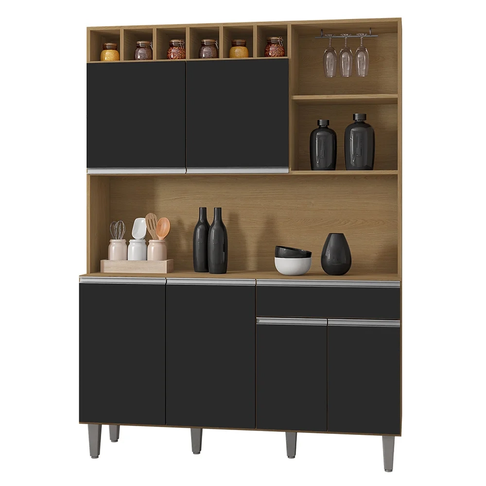Cozinha Compacta 130cm Com 6 Portas 1 Gaveta Alice Preto/Amêndoa - AJL Móveis