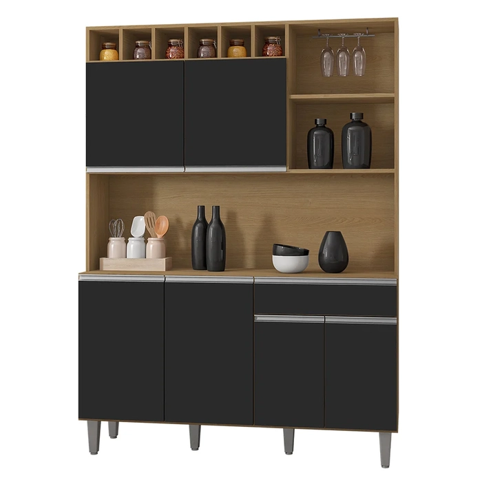 Cozinha Compacta 130cm Com 6 Portas 1 Gaveta Alice Preto/Amêndoa - AJL Móveis