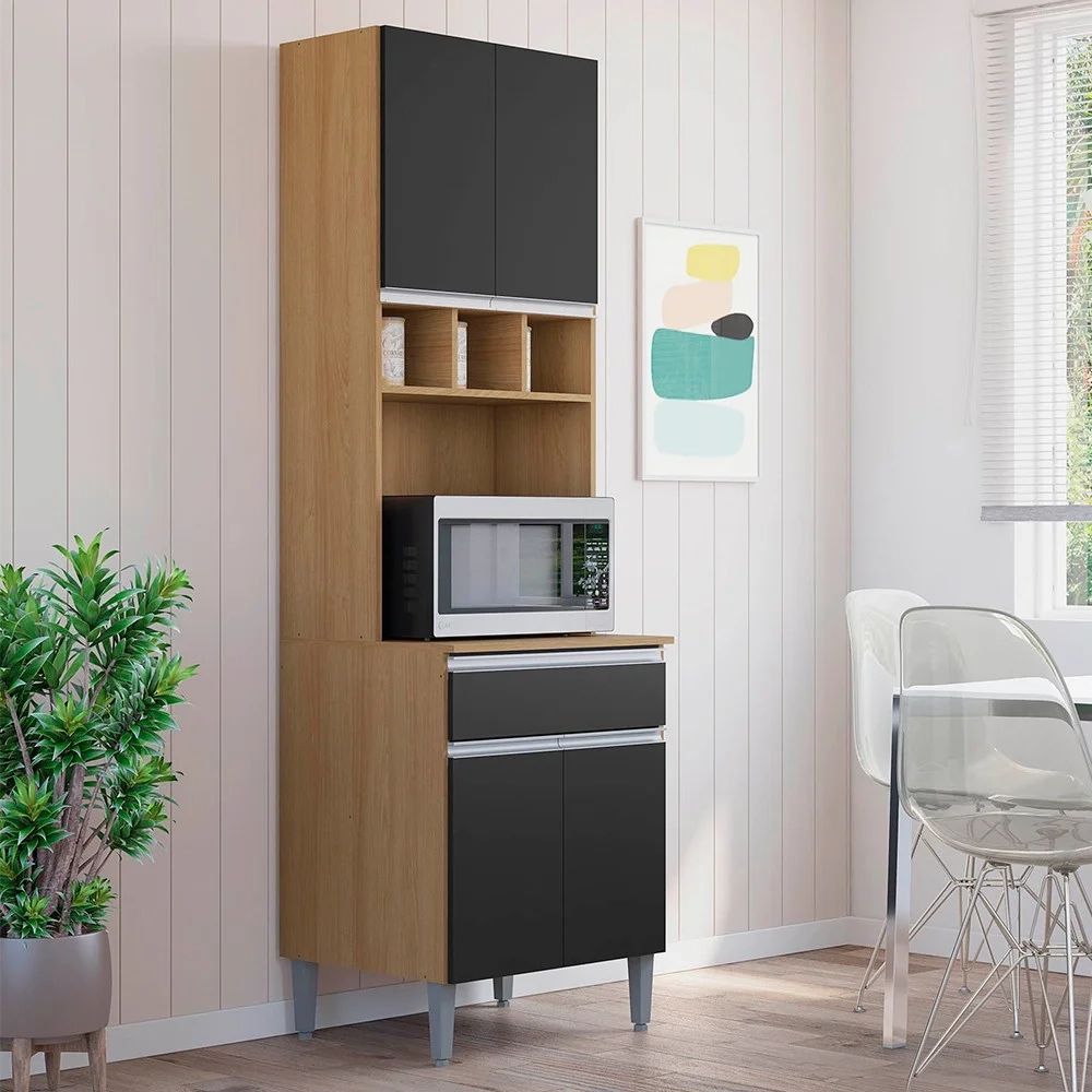 Paneleiro Torre Quente 4 Portas Com Adega Andréia Preto/Amêndoa - AJL Móveis