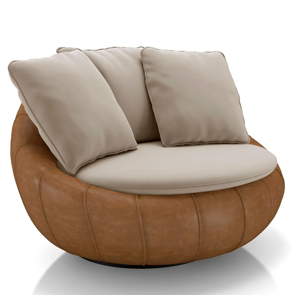 Poltrona para Sala Giratória Redonda Saphire Z32 Veludo Bege/Caramelo - Mpozenato