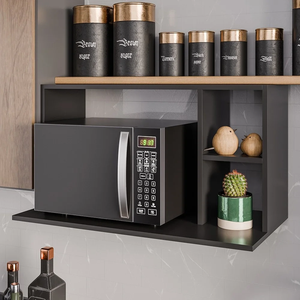 Suporte Micro-Ondas Forno Armário Aéreo 80cm 2 Prateleiras Maya Z34 Preto - Mpozenato