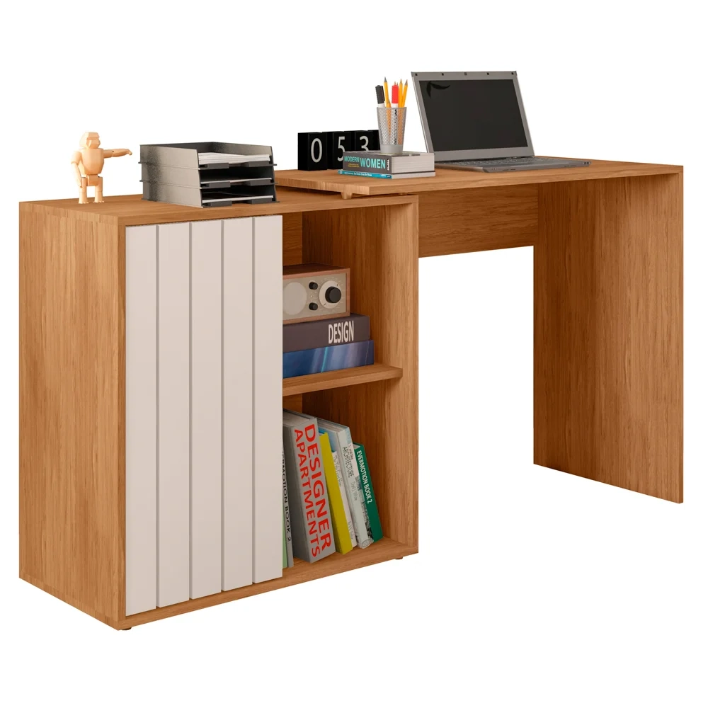 Mesa para Escritório Home Office 1 Porta Ripada Tech Freijó/Off White - Caemmun
