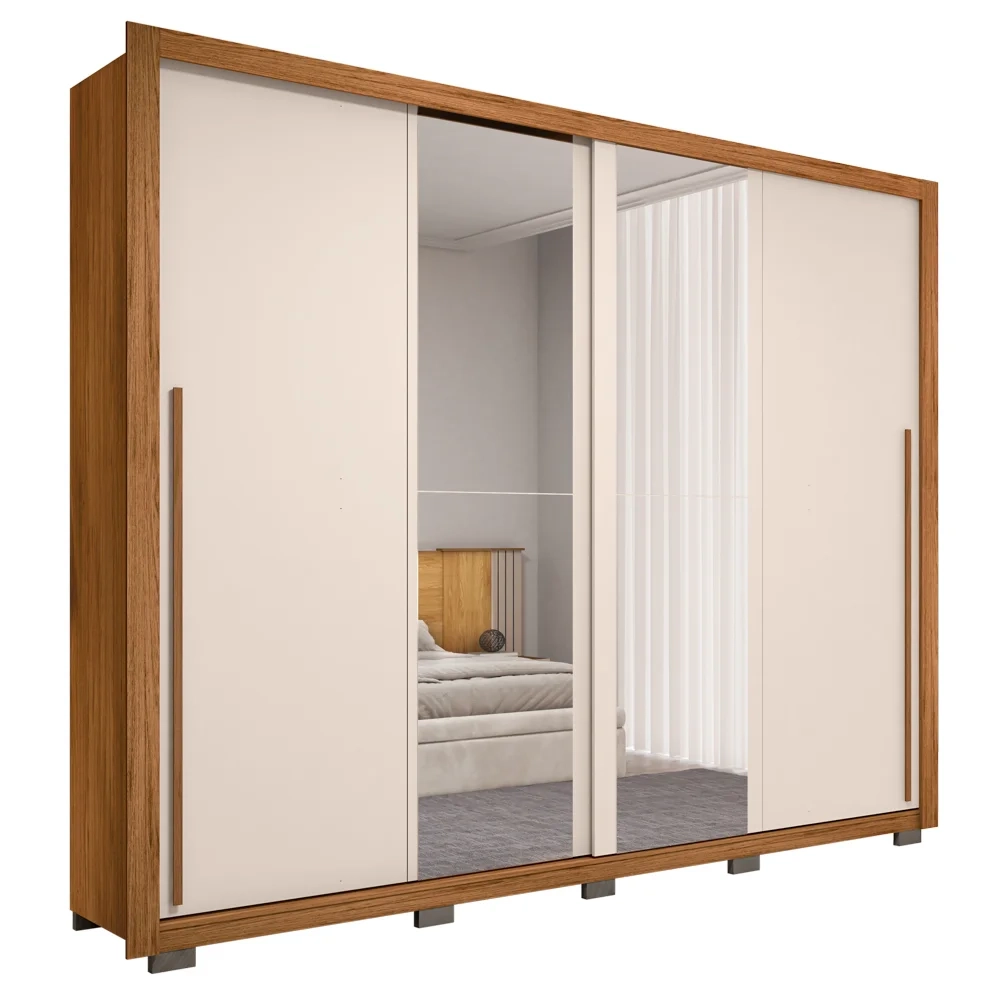 Guarda Roupa Casal 2 Portas de Correr com Espelho Praticus Freijó/Off White - Caemmun